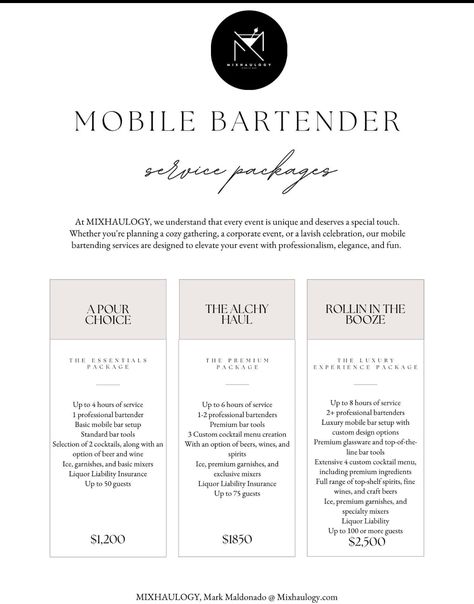 Bartender Name Ideas, Cute Mobile Bar Names, Mobile Bar Drink Ideas, Mobile Bartending Packages, Mobile Bar Pricing, Mobile Bar Packages, Mobile Bar Trailer Names, Private Bartending Business, Mobile Bartending Business Names