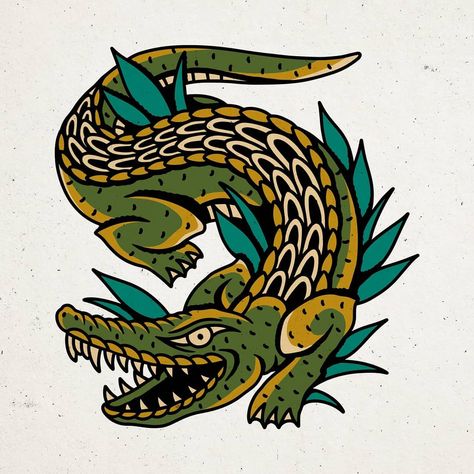 Neotraditional Alligator Tattoo, American Traditional Gator Tattoo, Cowboy Animal Tattoo, American Traditional Alligator, Alligator Tattoo Design, Traditional Alligator Tattoo, Jamaica Tattoo, Catfish Tattoo, Traditonal Tattoo