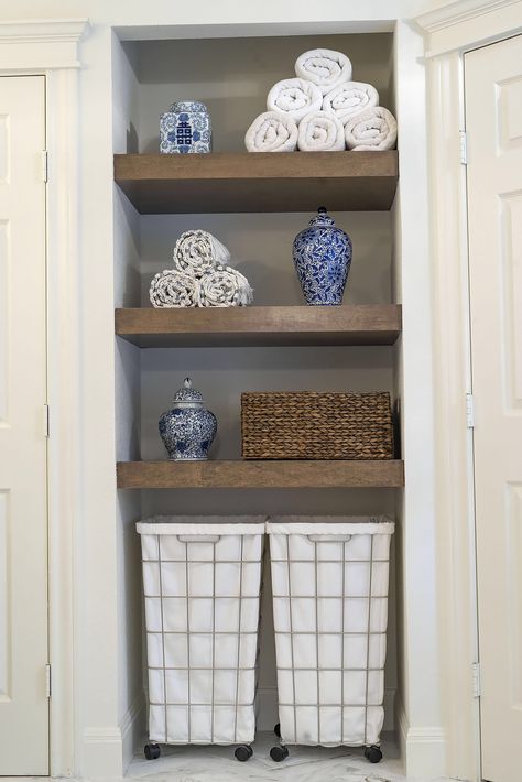 Maple wood floating shelving in Classic Gray and Provincial from Minwax. Decor from Home Goods- Wire laundry Baskets from Crate and Barrel. Bathroom Linen Closet, Open Bathroom, Hallway Closet, Floating Shelves Bathroom, Crate Shelves, Basket And Crate, Bathroom Closet, Home Decor Baskets, Boys Bathroom