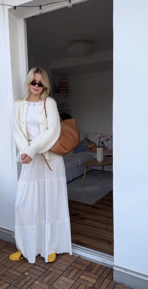 Long Dress And Jumper Outfit, Maxi Skirt Outfit Teacher, Modest European Fashion, White Cardigan With Dress, Modest Clothes Aesthetic, White Maxi Skirt Fall Outfit, White Maxi Skirt Outfit Fall, Casual Modest Dresses, White Skirt Outfit Fall