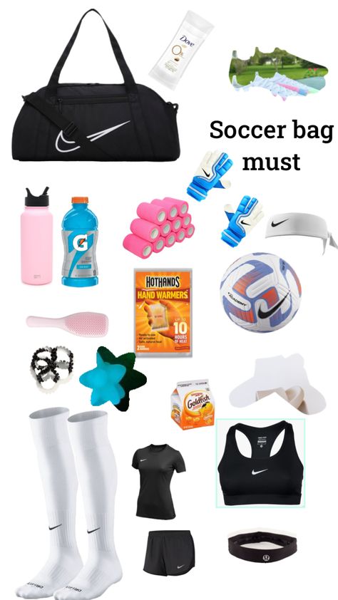 What To Pack In Your Soccer Bag, Soccer Essentials Girls Products, What’s In My Soccer Bag, Soccer Bag Checklist, Soccer Checklist, Soccer Bag Essentials, Sports Bag Essentials, Soccer Fits, Soccer Essentials