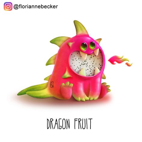 Fruit Art Illustration, Fruit Dinosaur Drawing, Fruit Illustration Cute, Fruit Monster Art, Cute Fruit Art, Fruit Animals Drawing, Dragon Fruit Cartoon, Dragon Illustration Cute, Cute Fruit Drawings