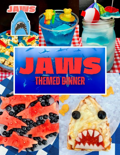 Jaws Themed Dinner Jaws Movie Night In Pool, Shark Week Meal Ideas, Shark Week Meals, Jaws Movie Night Food, Shark Dinner Ideas, Shark Inspired Food, Jaws Party Food, Shark Week Food Dinner, Jaws Themed Food