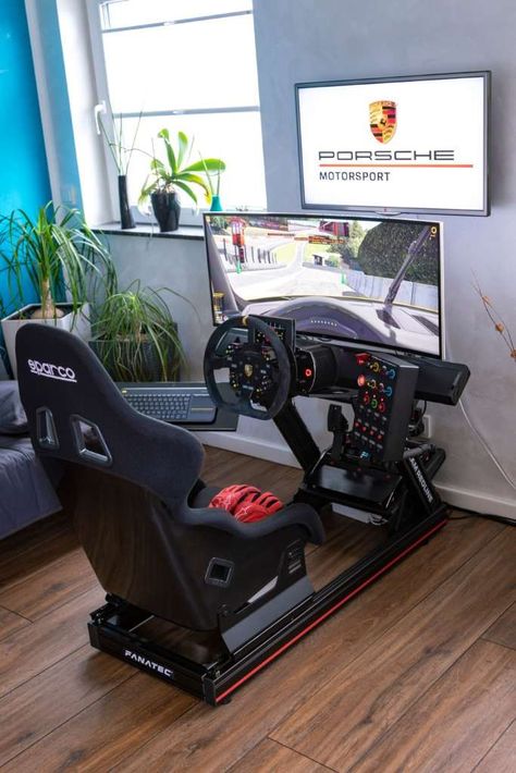 Computer Gaming Room, Pc Gaming Setup, Video Game Room Design, Racing Simulator, Video Game Rooms, Gaming Room Setup, Racing Seats, Gamer Room, Video Game Room