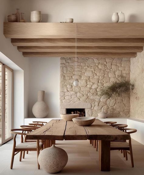 Japandi Dining Room, Japandi Home, Mediterranean Home, Wooden Table, Dining Room Design, Interior Inspo, Stone Wall, House Inspo, Dream Home Design