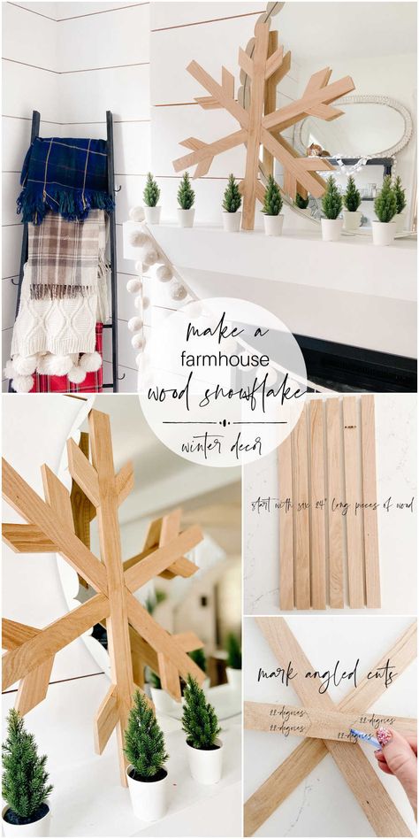 DIY Giant Farmhouse Winter Wood Snowflake. Celebrate Winter by making a gorgeous giant wood snowflake to hang up or place on your mantel! Giant Farmhouse, Paint Stick Crafts, Popsicle Stick Snowflake, Ski Condo, Snowflakes Art, Wood Snowflake, Wooden Christmas Crafts, Snowflake Wreath, Snow Flakes Diy