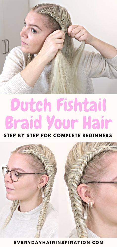 Dutch fishtail braids Fishtail Dutch Braid Tutorials, Fishtail Braid Hairstyles Tutorials, Fishbraid Hairstyles, Diy Fishtail Braid, How To Fishtail Braid Your Own Hair, Dutch Fishtail Braid Tutorial, Double Dutch Fishtail Braid, How To Do A Fishtail Braid, Fishtail Dutch Braid