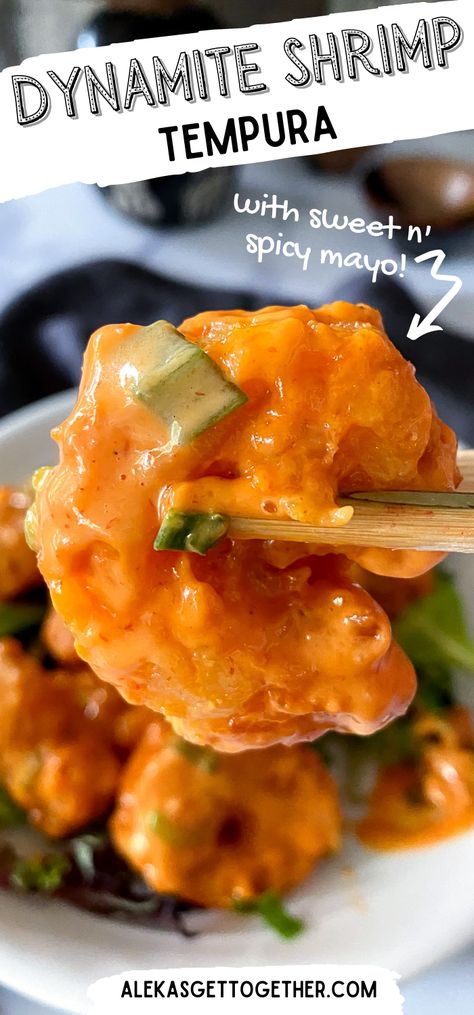 Close up of dynamite shrimp using chopsticks. Mayo Shrimp Chinese, Popcorn Shrimp Meal Ideas, Tempura Shrimp Meals, Shrimp Mayo Recipes, Tempura Shrimp Dipping Sauce, Pf Chang Shrimp Dynamite Recipe, Dynamite Shrimp Bowl, Dynamite Shrimp Sauce, Sauce For Tempura Shrimp