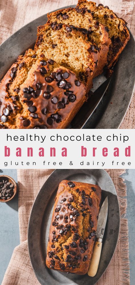 the best healthy chocolate chip banana bread cut into easy to grab slices Dairy Free Chocolate Chip Banana Bread, Healthy Chocolate Chip Banana Bread, Banana Bread Gluten Free, Healthy Cocoa, Sugar Free Bread, Banana Chocolate Chip Cake, One Bowl Banana Bread, Chocolate Chip Banana Bread Recipe, Gluten Free Dairy Free Dessert