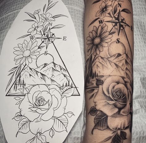 Arm Elbow Tattoos For Women, Mountain And Sunrise Tattoo, Unique Tattoos Nature, Lower Forearm Tattoo Woman Half Sleeves, Rustic Tattoos For Women Sleeve, Mountain Sleeve Tattoo Women, Unique Tattoo Sleeve, Mountain And Flower Tattoo, Outdoors Tattoos For Women