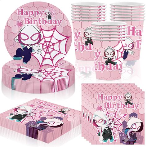 PRICES MAY VARY. Package Includes: 20 pcs plate 20pcs cups and 20 pcs paper towel for the spider girl party fully meet your party needs, and also leave deep memories for your babies and guests. Perfect Party Decorations:Spider girl party supplies decoration set needs no washing up. trust us, these cute party decorations will be a big hit. Widely Used:The spider girl themed birthday party supplies can be given as a meaningful birthday gift to kids or friends. It can be used in many scenarios. Suc Ghost Spider Party Ideas, Ghost Spider Birthday Party Ideas, Spider Girl Birthday Party, Spidergirl Birthday Party, Ghost Spider Birthday Party, Spidey Birthday, Girls Birthday Party Decorations, 4 Birthday, Spiderman Birthday Party