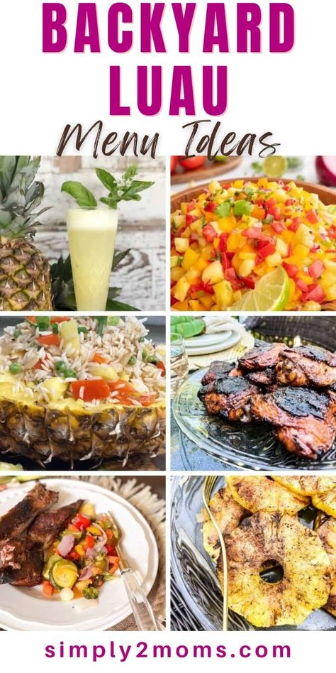 Enjoy the taste of Hawaii and Aloha spirit with this delicious menu for a backyard luau! You'll love these simple recipes & party ideas. There's a Hawaiian cocktail, pineapple salsa, pineapple fried rice, Huli Huli chicken (a Hawaiian BBQ recipe), roasted veggies, grilled pineapple, and a pineapple dump cake for dessert! Wait til you see all the beautiful and unique ideas to decorate for the luau too. This is the perfect theme for a summer party, cookout, or potluck. Follow along for more ... Hawaiian Taco Bar, Luau Chicken Recipes, Food Ideas For A Luau Party, Pina Loca Ideas, Tropical Lunch Ideas, Hawaiian Dinner Party Menu Ideas, Luau Party Menu Ideas, Hula Party Ideas, Hawaiian Buffet Food