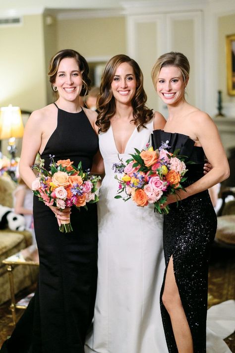 Flowers For A Black Dress, Black Bridesmaid Colorful Flowers, Black Bridesmaid Dresses With Wildflowers, Black Bridesmaid Dresses Colorful Bouquets, Black Bridesmaid Dresses With Flowers, Flowers With Black Dress, Black Bridesmaid Dresses Colored Flowers, Black Tie Wedding With Colorful Flowers, Mismatch Black Bridesmaids Dresses