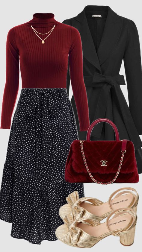 #redandblack #redaesthetic #skirt #fancy #glam #modestfashion #gold #churchoutfit #christiangirl #holiday #christmas #winteroutfit #outfitinspo #burgundy Casual Outfits Fall, Autumn Outfit Ideas, Cardigan Skirt, Winter Outfits For School, Modesty Outfits, Cute Modest Outfits, Modest Fashion Outfits, Formal Outfit, Fall Fashion Outfits