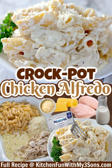 Crock Pot Chicken Alfredo is made with perfect pasta, creamy sauce and tender chicken, all cooked in the slow cooker. So easy and comforting! Fettichini Alfredo Crockpot, Croc Pot Alfredo, Crock Pot Fettuccine Alfredo, Chicken Broccoli Alfredo Pasta Crockpot, Crock Pot Fettucini Alfredo Chicken, Chicken Alfredo In The Crockpot, Slow Cooker Alfredo Sauce, Crock Pot Chicken Alfredo Recipes, Crockpot Fettuccine Chicken Alfredo