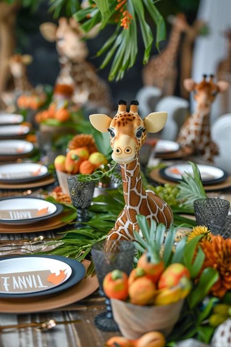 My Top Safari Party Ideas for Wild Fun! Safari Theme Party Centerpieces, Wildone Birthday Cake, Safari Birthday Centerpiece Ideas, Jungle Dinner Party, Two Wild Birthday Party Ideas, Wild One Party Decor, Animal Themed Birthday Party Food, Safari Diy Decorations, Safari Dinner Party