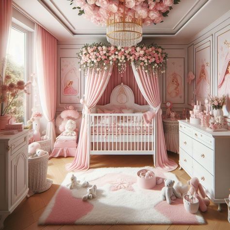 Pink Princess Aesthetic Room, Pink Crib Nursery, Luxury Baby Girl Nursery, Bridgerton Nursery, Princess Nursery Ideas, Princess Baby Room, Sleeping Beauty Nursery, Baby Girl Nursery Princess, Princess Nursery Theme