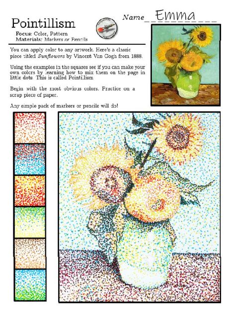 Van Gogh Sunflowers color template. Teach color theory in a fun and approachable way. These templates begin with an outline that is pre-drawn. Look great on a class wall! A simple introduction to color theory, and the pointillism technique. Colors are mixed using simple markers in your classroom. A template outline is included. Van Gogh Worksheet, Visual Elements Art, Pointilism Art Ideas, Van Gogh Art Lesson, Pointilism Art, Color Theory Projects, Pointalism Art, Art Oil Pastel, Oil Pastel Techniques