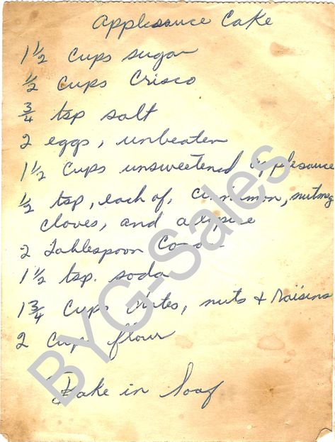 Mrs. Nellie Hooker's Recipe Collection: From out of Tipton & Oklahoma City comes these samples of Crisco stained, Vanilla scented, collocate smeared hand written recipes that will be your heartland source of homespun paper craft ephemera. Hand Written Recipes, Baking Apples, Newspaper Recipes, Crisco Recipes, Cake Apple, Homemade Biscuits Recipe, Pie Dough Recipe, Written Recipes, Applesauce Cake