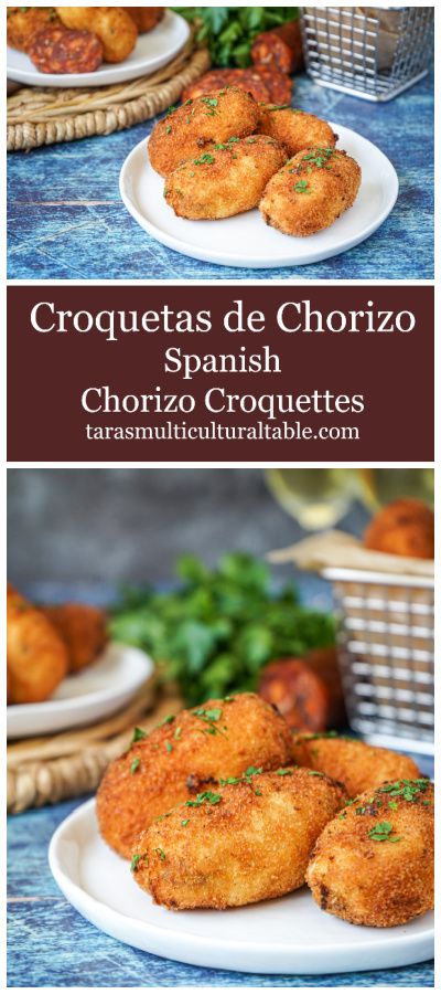 A recipe for Croquetas de Chorizo (Spanish Chorizo Croquettes)- Tara's Multicultural Table- These creamy croquettes are filled with pieces of chorizo, breaded, and fried until golden. Chorizo Starter Recipes, Chorizo Croquettes, Western Foods, Croquette Recipe, Goya Recipe, Spanish Chorizo, Croquettes Recipe, Peruvian Dishes, Savory Recipe