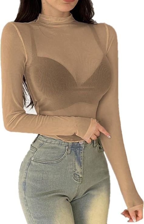 ADOME Mesh Shirt See Through Tops for Women Mesh Top Women Long Sleeve Nude M at Amazon Women’s Clothing store Top Transparente, Long Sleeve Tops For Women, Beige Crop Tops, Sheer Long Sleeve Top, Tøp Aesthetic, Mesh Shirt, Sheer Long Sleeve, Women Sleeve, Top Women