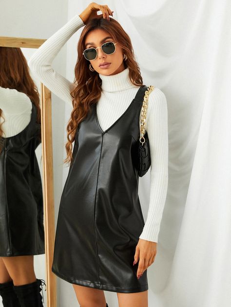 Brown Leather Dress Outfit, Black Leather Dress Outfit, Leather Overall Dress, Leather Pinafore Dress, Pinafore Dress Outfit, Leather Pinafore, Sleeveless Dress Outfit, Leather Dress Outfit, Leather Overalls