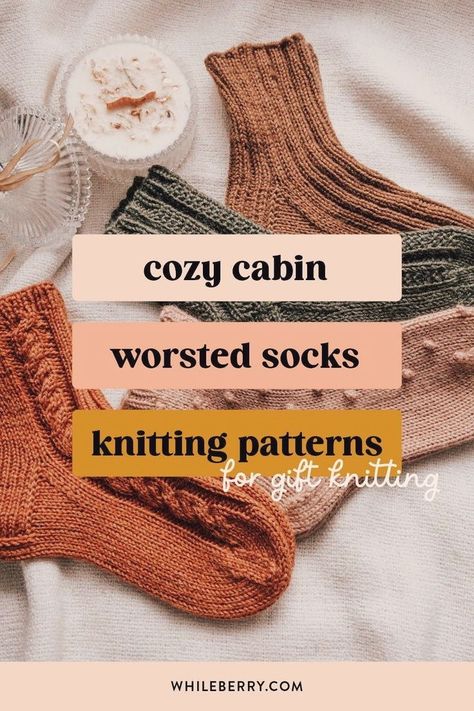 Get the simple cozy sock knitting patterns and enjoy some fall knitting! These warm worsted socks will be a great knitting project for autumn. Use circular needles and magic loop technique and worsted weight yarn to hand knit your socks. Find these easy sock knitting patterns at whileberry.com! Cabin Socks Knitting Pattern, Worsted Weight Knit Socks Pattern, Knit Worsted Weight Socks, Knitting Circular Needles, Knitting Socks On Circular Needles, Dk Socks Knitting Pattern Free, Fall Knitting Patterns Free, Free Sock Patterns Knit, Worsted Weight Sock Pattern