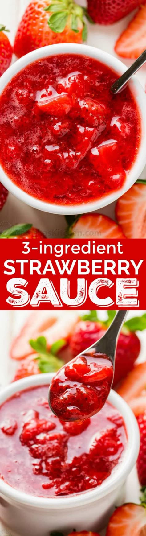 There is no rival for homemade strawberry sauce. It has just 3 ingredients and this is the easiest strawberry sauce recipe. This strawberry sauce is completely wonderful over ice cream, pancakes, waffles, pie, cheesecake, this trifle, you name it! Excellent homemade strawberry topping! | natashaskitchen.com #strawberrysauce #freshstrawberrysauce #strawberries Easy Strawberry Sauce, Winter Marmelade, Strawberry Sauce Recipe, Simply Stacie, Homemade Strawberry Sauce, Cheesecake Toppings, Berry Sauce, Healthy Strawberry, Strawberry Topping