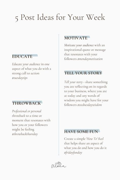 Isn't it nice to have a backlog of content ideas to keep your socials ticking consistently? Well here are 5 post ideas for your week, enjoy! Inspirational Content Ideas, Weekly Instagram Post Ideas, Content Ideas For Service Business, Weekly Posting Ideas Instagram, New Business Post Ideas, Saturday Content Ideas, Therapist Content Ideas, Girly Content Ideas, Easy Content Ideas