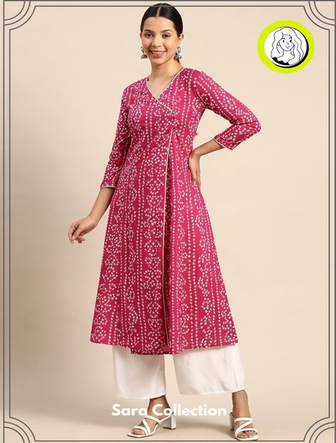 Unique Kurti Neck and Sleeve Combinations Bandhani Print Kurti, Cotton Bandhani Dress Pattern, Kurti Designs Latest Cotton Printed, Bandhani Dress Pattern, A Line Kurti Designs, Angrakha Style Kurti, Indian Dress For Women, Printed Kurti Designs, Indian Dresses For Women