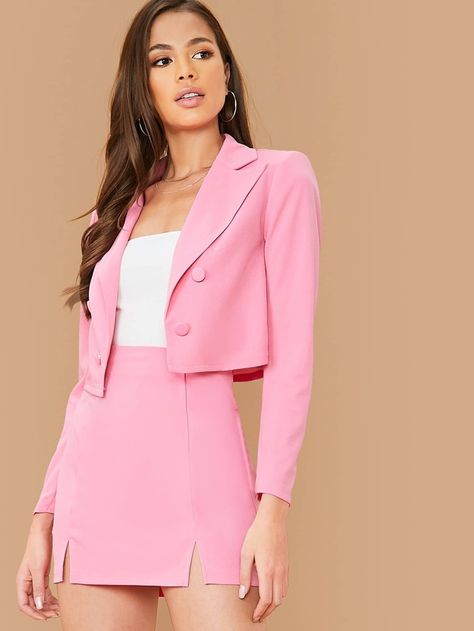 Double Breasted Crop Blazer and M-split Skirt Set | SHEIN USA Mode Pastel, Blazer And Skirt Set, Crop Blazer, Blazer And Skirt, Split Skirt, Looks Street Style, Pink Blazer, Cropped Blazer, Mode Inspo