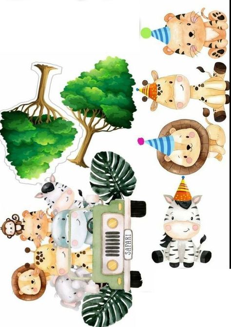 Safari Cake Topper Printable, Topper Safari Baby, Birthday Safari Theme, Jungle Safari Cake, Topper Safari, Festa Safari Baby, Safari Baby Shower Cake, Zoo Cake, Safari Baby Shower Boy