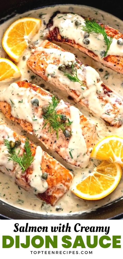 Salmon With Sauce, Salmon Sauce Recipes, Creamy Dijon Sauce, Creamy Dijon, Dijon Sauce, Sauce For Salmon, Garlic Cream Sauce, Fish Recipes Healthy, Salmon Dishes