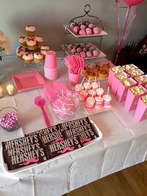 Girls Side of the Snack Table Gender Reveal  Boy or Girl Pink  Baby shower Bows mustaches Shower Snacks, Gender Reveal Party Food, Baby Shower Food For Girl, Birthday Sleepover Ideas, Baby Shower Snacks, Sweet Sixteen Birthday Party Ideas, Baby Shower Drinks, Bow Baby Shower, Sleepover Birthday Parties