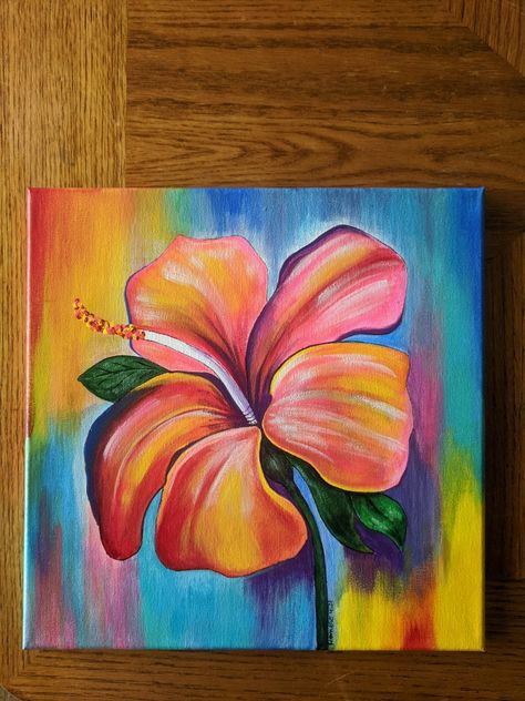 Acrylic Hibiscus Painting, Monochromatic Flower Painting, Hawaiian Painting Ideas Easy, Canvas Flower Painting Ideas, Tropical Painting Acrylic Canvases, Oil Pastel Flowers Easy, Tropical Painting Ideas, Boho Acrylic Painting, 3d Floral Painting