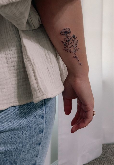 Forearm Tattoo Birth Flower, July And May Birth Flower Tattoo, Flower With Name In Stem Tattoo, Flower Bouquet With Word Stem Tattoo, Tattoos With Last Name, Flower With Number Tattoo, Word In Flower Stem Tattoo, Birth Flowers With Names Tattoo, Flowers With Name Tattoo