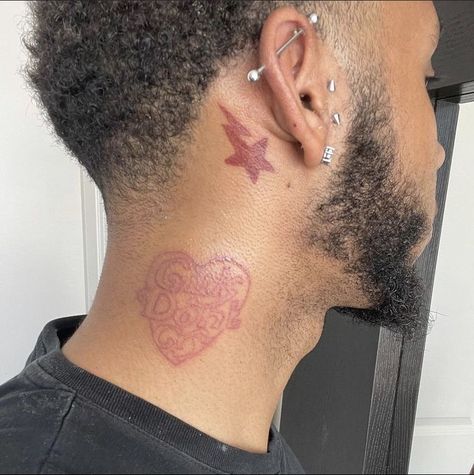 Minamilistic Tattoos For Guys, Star Tattoos For Men On Neck, 555 Tattoo Men, Star Neck Tattoo For Men, Bape Star Tattoo, Back Of The Ear Tattoos Men, Face Tattoo Men Ideas, Stars On Neck Tattoo, Back Of Ear Tattoo Men