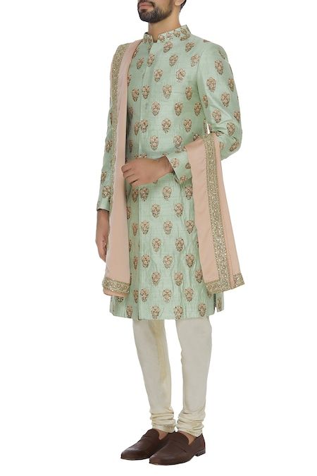 Embroidered sherwani set with peach stole Stole For Men, Embroidered Sherwani, Embroidered Beads, Zardosi Embroidery, Indian Groom, Clothes Designer, Groom Suit, Sherwani, Indian Design