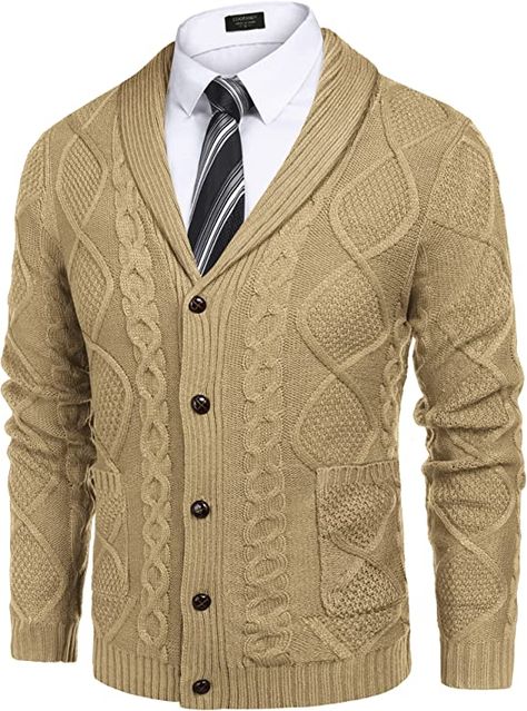 COOFANDY Men's Shawl Collar Cardigan Sweater Slim Fit Merish Aran Button Down Cable Knitted Sweater with Pockets (Type01-Dark Khaki, X-Large) at Amazon Men’s Clothing store Mens Shawl Collar Cardigan, Classy Sweater, Aran Cardigan, Sweater With Pockets, Shawl Collar Cardigan, Collar Neck, Collar Cardigan, Cable Knit Cardigan, Outfit Combinations