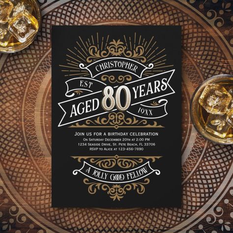 Whiskey Label Design, Ornate Typography, 65th Birthday Invitations, 75th Birthday Invitations, 90th Birthday Invitations, Vintage Whiskey, 70th Birthday Invitations, Whiskey Label, 80th Birthday Invitations