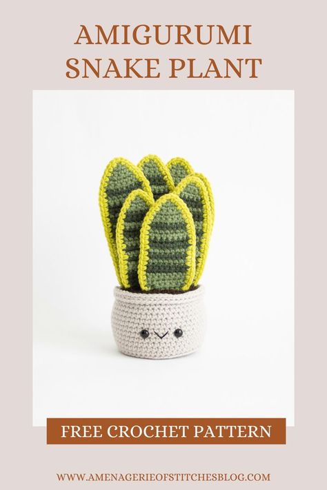 Tired of killing your plants? Let's crochet them instead! This amigurumi crocheted snake plant is super easy to care for and requires no effort in keeping those leaves looking bright and healthy. This plant is perfect for displaying on your desk or bookshelf. Even makes a great gift for your friends who are notorious at killing their plants. This one is much cuter and will always bring a smile to your face! ***Check out this FREE crochet pattern on my blog, www.amenagerieofstichesblog.com*** Snake Plant Crochet, Plant Crochet Pattern, Crochet Snake, Plant Crochet, Crochet Succulent, Pattern Free Amigurumi, Snake Plants, Crochet Cactus, Crochet Plant