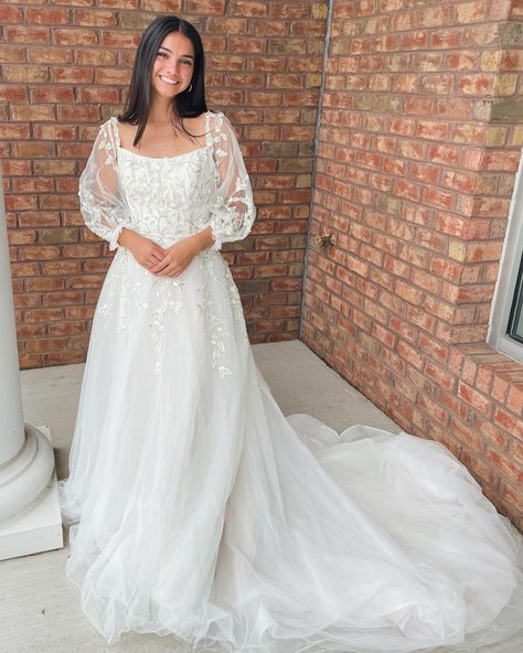 White Floral Wedding Dress With Sleeves, Maggie Sottero Wedding Dresses Long Sleeve, Square Neck Wedding Dress With Sleeves Lace, Plus Size Square Neck Wedding Dress, Maggie Sottero Louisa, Scoop Neck Long Sleeve Wedding Dress, Square Neckline Wedding Dress Sleeves, Square Neck Wedding Dress Plus Size, A Line Flowy Wedding Dress