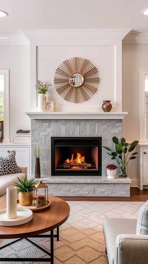 Built In Around Fireplace Fireplace Next To Window, Fireplace Under Window, Off Center Fireplace, Built In Around Fireplace, Inset Fireplace, Living Room Decor Fireplace, Fireplace Decor, Interior Ideas, Innovation Design