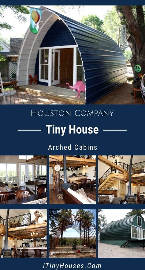 Houston Company Designs Roomy Tiny Houses for Only $5,000! Arched Cabins out of the Houston area set out to design and manufacture tiny houses that they could sell for only $5k and they absolutely blew it out of the water! They can be made in widths ranging from 14’ to 24’ and any length that you choose and costs are from $200 to $320 per linear foot (based on the width). The base price only includes the ribs, beams, paneling, flooring, and insulation but it’s a good start for a low price! Arched Cabins, Inside Tiny Houses, Micro Living, Quonset Homes, Quonset Hut Homes, Tiny House Kits, Arched Cabin, Tiny House Camper, Building Crafts