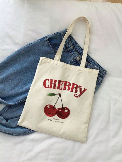 1pc Cherry Pattern Casual Simple Shoulder Tote Bag, Handbag Shoulder Bag, Minimalist Bohemian Style Tote Bag, Women Gift, Suitable For Work, Travel, Shopping, School Bag, Large Capacity, Portable, Suitable For Teen Girls, Female College Students, White-Collar Workers, Perfect For Work, Back To School, Middle School, High School, College, Vacation Beige    Polyester Cartoon,Letter,Fruit&Vegetable Shoulder Tote Bag,Shopper Bag,Top Handle Bag   Women Bags, size features are:Bust: ,Length: ,Sleeve Length: Sorority Tote Bags Painted, Tote Bag Inspo Paint, Back To School Middle School, Cherry Tote Bag, Fruit Tote Bag, Kawaii Cherry, Tote Bags For College, College Tote Bag, Minimalist Bohemian