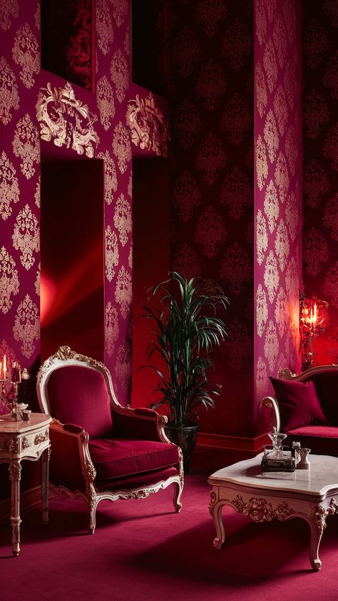 Step into a world of luxury with rich red wallpaper adorned with intricate gold damask patterns. This elegant room, featuring exquisite antique furnishings, exudes grandeur and sophistication. Soft ambient lighting enhances the deep red hues, while a tall potted plant adds a refreshing contrast. Perfect for interior design enthusiasts, this space invites you to explore its rich stories. #InteriorDesign #LuxuryInteriors #HomeDecor Wallpaper Interiors, Tall Potted Plants, Damask Patterns, Elegant Room, Black Living, Wallpaper Interior, Black Living Room, Hotel Suite, Red Wallpaper