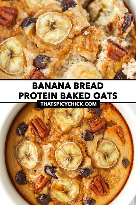 This Banana Bread Baked Oats recipe is easy to make, full of all things good-for-you and has a delectable cake-like texture! It has a serious boost of protein from protein powder, is high in fiber and guaranteed to keep you full for hours! #bakedoats #bakedoatmeal #highprotein #highfiber #breakfast #bananabread #baking #mealprep #breakfast #highproteinmeals #highproteinbreakfast #healthy | That Spicy Chick Banana Bread Baked Oats, Mealprep Breakfast, Baked Oats Recipe, Baking With Protein Powder, Protein Banana Bread, Chicke Recipes, Protein Baking, Banana Protein, High In Fiber