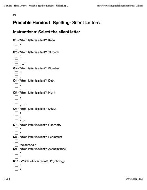 This is a great worksheet for ESOL students to work on identifying the silent letter in words. Silent Letters Worksheet, Five Senses Worksheet, Silent Letters, English Quiz, High School Lesson Plans, Worksheets For Grade 3, Kindergarten Letters, Reasoning Skills, English Grammar Worksheets