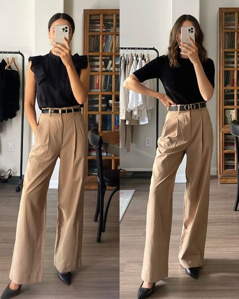 Women Brown Outfit, Tan Straight Leg Pants Outfit, Beige Trousers Black Top, Slacks Dressy Outfit, Black And Beige Outfit Women, 1 Outfit Many Ways, Khaki Dress Pants Outfit, Tan Dress Pants Outfit, Beige Dress Pants Outfit