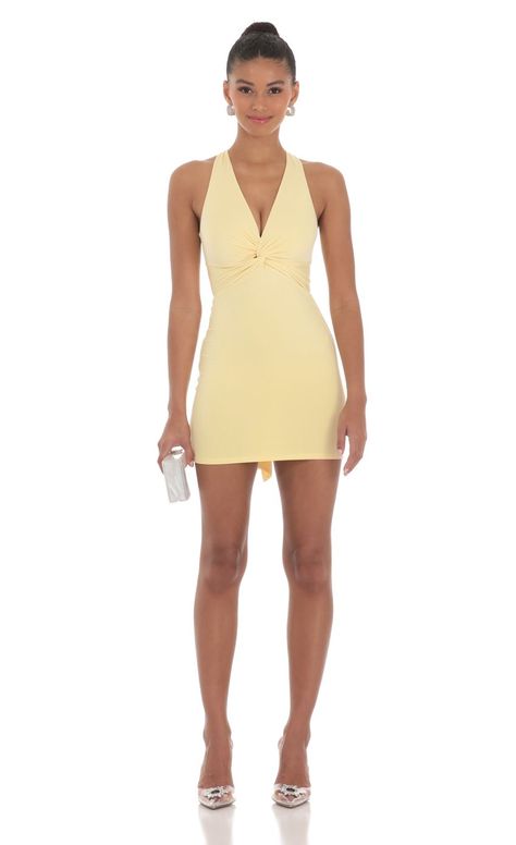 Twist Open Back Dress in Yellow | LUCY IN THE SKY Light Yellow Hoco Dress, Hoco Dresses Yellow, Yellow Hoco Dress, Hoco Dress Short, Yellow Homecoming Dresses, Pale Yellow Dresses, Pretty Homecoming Dresses, Backless Homecoming Dresses, Semi Dresses